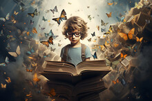 A Child With Spectacles Reading A Book In A Butterfly Background. 