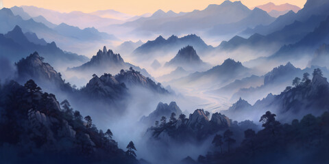 Wall Mural - mountains in the fog - Generative AI