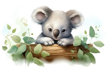 Wall Mural - Cute little koala gracefully rests on a cloud. Adorable cartoon design with a white background, perfect for children greeting cards. Concept of cuteness and childhood.