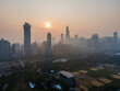 aerial drone view of the of Chicago  during a time when the pollution levels in the air are toxic and not safe for citizens. the wild fires from Canada are the cause of the environmental hazard 
