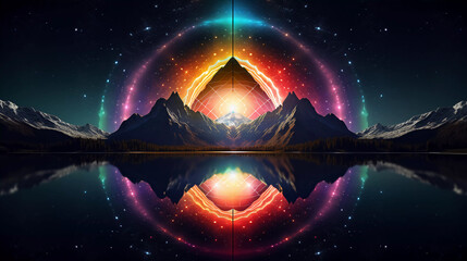 Wall Mural - Abstract neon background with geometric circle shape, Beautiful frame and extraterrestrial landscape under the night sky and Rocks. Futuristic minimalist wallpaper. Created with Generative AI.