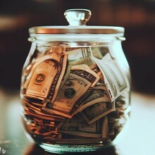Overflowing Glass Tip Jar Filled With USD United States Currency Money Cash Dollar Bills Banknotes From Salary Or Wages On Wooden Table Indoors, Saving Growing Money Donation Pension Vacation Concept.
