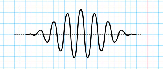 Poster - Sinusoid impulse signal on blue grid paper. Black curve sound wave on checkered paper. Voice or music audio concept. Pulse line in school notebook. Sine electronic radio graphic. Vector