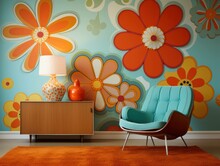 70s Flower Power Interior Living Room Design With Flower Wallpaper, Generative Ai