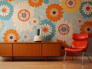 70s flower power interior living room design with flower wallpaper, generative ai