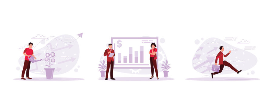 Young men watering the money tree, businessmen and women standing in front of a sign with types of wages written on it. Businessman jumping on arrow background. Trend Modern vector flat illustration.