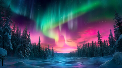 landscape with aurora in sky, ai generated