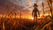 Sunset In The Field A Scarecrow Standing Tall In Picturesque Countryside, Surrounded By Golden Fields And Colorful Sunset, AI-Generated