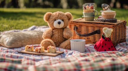  a teddy bear sitting on a checkered picnic blanket with a spread of delicious treats, AI Generated