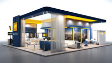 Professional Visualization Of A Large Company Exhibition Stand Ready To Receive Brands And Advertisements.