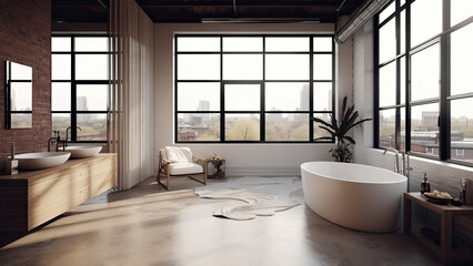 A roomy loft bathroom designed for two, featuring elegant white brick walls and convenient wood built-ins. Photorealistic illustration, Generative AI