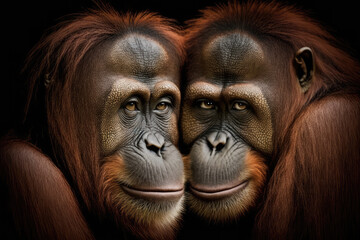 Poster - An orangutan love couple, both faces close together. Sweet orangutan family portrait. Wild beauty of a human-like monkey