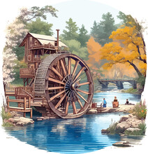 Water Wheel At River Vector