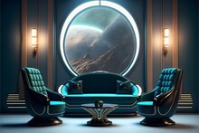 Plush Elongated Sleek Gondola Sofa And Chair Set In High Definition 3d Photorealistic 8k Cinema Quality And With Velvet Fabric On A Large Throne Room Star Trek Swivel Arm Chair Set In A Room With 