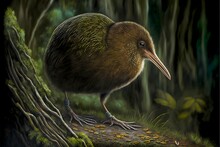 Painting Of A New Zealand North Island Brown Kiwi Apteryx Australis Apteryx Mantelli Long Thin Beak In Forest 
