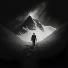 Scared Alone Lost No One Around Base Of A Snow Top Mountain Cant Turn Around Need Help Black And White Photography Cold Dark Lonely Emotional No Face Trail Snow Walking Night High Contrast Geometric 