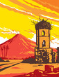 WPA poster art of Mayon Volcano and Cagsawa ruins bell tower in Albay, Bicol Region in the Luzon Island of the Philippines done in works project administration or Art Deco style.