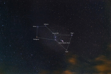Wall Mural - The Orion constellation with line and the names of basic stars and Nebula M42 against the starry sky.