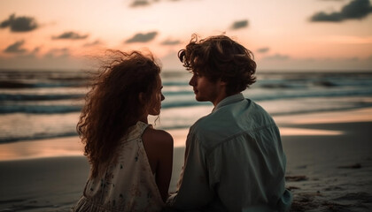 Wall Mural - Young couple embraces in sunset beach romance generated by AI