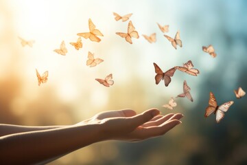 hope and freedom concept as a human hand releasing a group of butterflies - generative ai
