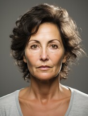 headshot of a mature senior woman looking at the camera on gray background