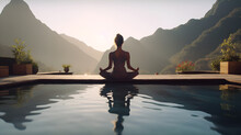 Young Women Medication Yoga  In The Water Of Pool Resort With Beautiful Mountain View Created With Generative AI 