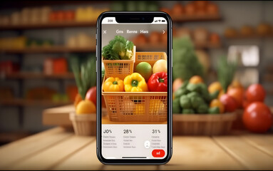 Wall Mural - smart phone screen with fruits and vegetables online shopping concept created with Generative AI 