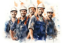 Group Of Workman In Watercolor. 