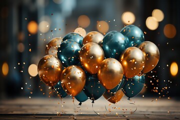 Wall Mural - Festive background with golden and blue balloons, falling confetti and a bokeh lights. Generative AI.