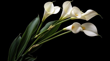 Wall Mural - White calla lily flowers on black background, funeral concept. Generative AI.