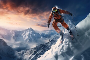 Wall Mural - Winter Extreme athlete, ski jump on mountain. Generative AI.