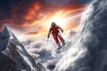 Wall Mural - Winter Extreme athlete, ski jump on mountain. Generative AI.