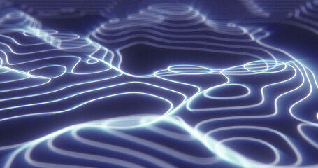 Wall Mural - Abstract blue futuristic hi-tech landscape with mountains and canyons from glowing energy circles and magic lines background