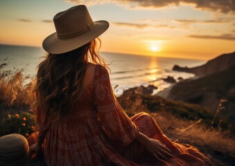 Wall Mural - girl in a cowboy hat starring at sea and sunset, AI generative 