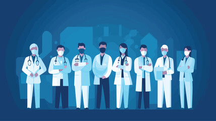 Wall Mural - vector illustration group doctors hospital communication making scientific experiments diverse medical workers blue background flat banner .