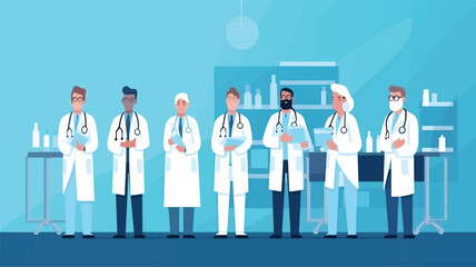 Wall Mural - vector illustration group doctors hospital communication making scientific experiments diverse medical workers blue background flat banner .