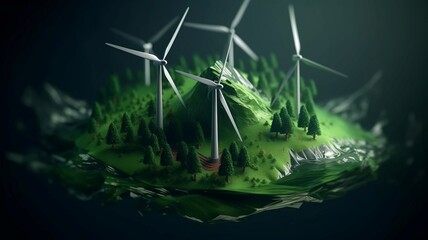 The concept of green energy and ecology of the future. Alternative high-tech wind and air energy with wind farms. AI generated