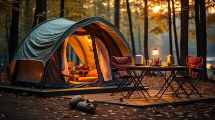 camping picnic tent campground in outdoor hiking forest. generative ai
