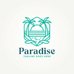 Wall Mural - minimalist paradise beach line art badge icon logo template vector illustration design. simple modern villa resort, hotel, vacation emblem logo concept