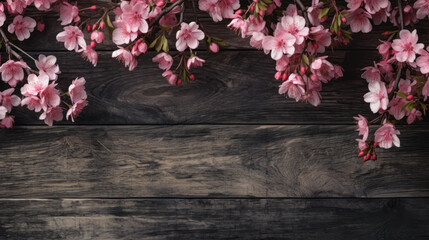 Wall Mural - Pink blossoms on top of a dark wooden background 