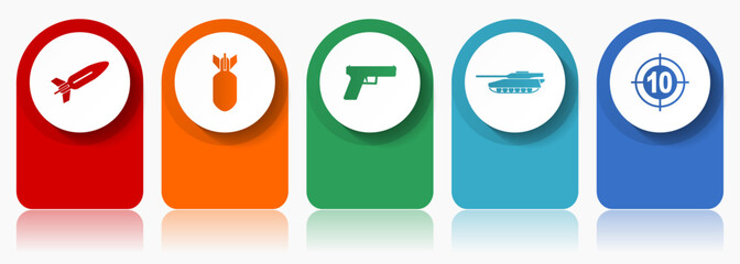 Poster - War icon set, miscellaneous vector icons such as missle, bomb, gun, tank and target, modern design infographic template, web buttons in 5 color options