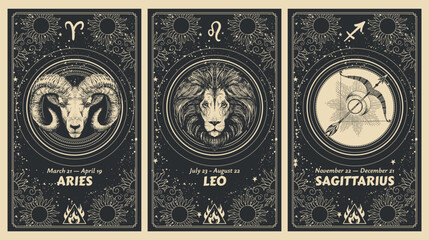 Wall Mural - zodiac signs aries, leo, sagittarius, fire element, mystic astrology card set, horoscope banner with