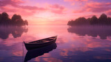Fototapeta Zachód słońca - 神秘的な穏やかな湖と手漕ぎのボート　Generative AI