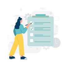 Young Woman Standing Near Big Clipboard And Making Notes. Process Of Planning And Organizing Schedule. Time For Making Calendar Schedule. Vector Flat Illustration In Yellow And Blue Colors