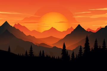 Wall Mural - Beautiful vector landscape of mountains and forests. Silhouettes of mountains at autumn sunset.