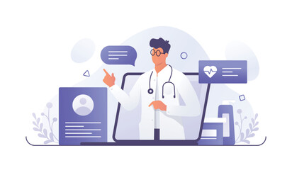 professional male doctor calling to patient, giving treatment prescription and advice. cartoon chara
