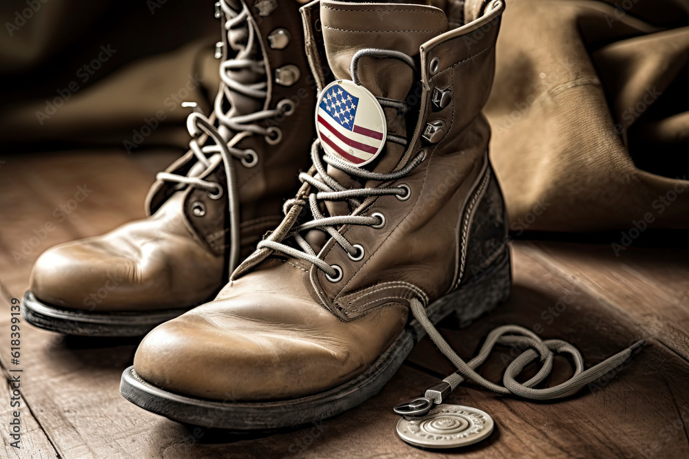 Old military combat boots with dog tags and two small American flags.AI ...