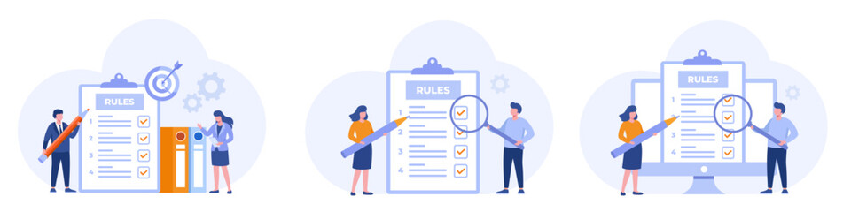 Business rules, planning, regulation, compliance, startup company, strategy of business, flat vector banner for landing page website