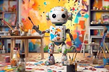 Cute artist robot painting on a canvas wallpaper