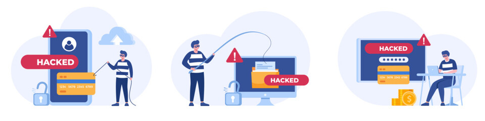 Hacking, phishing, scam and error, protection, cyber crime, internet security, system technology, flat design illustration vector banner and background